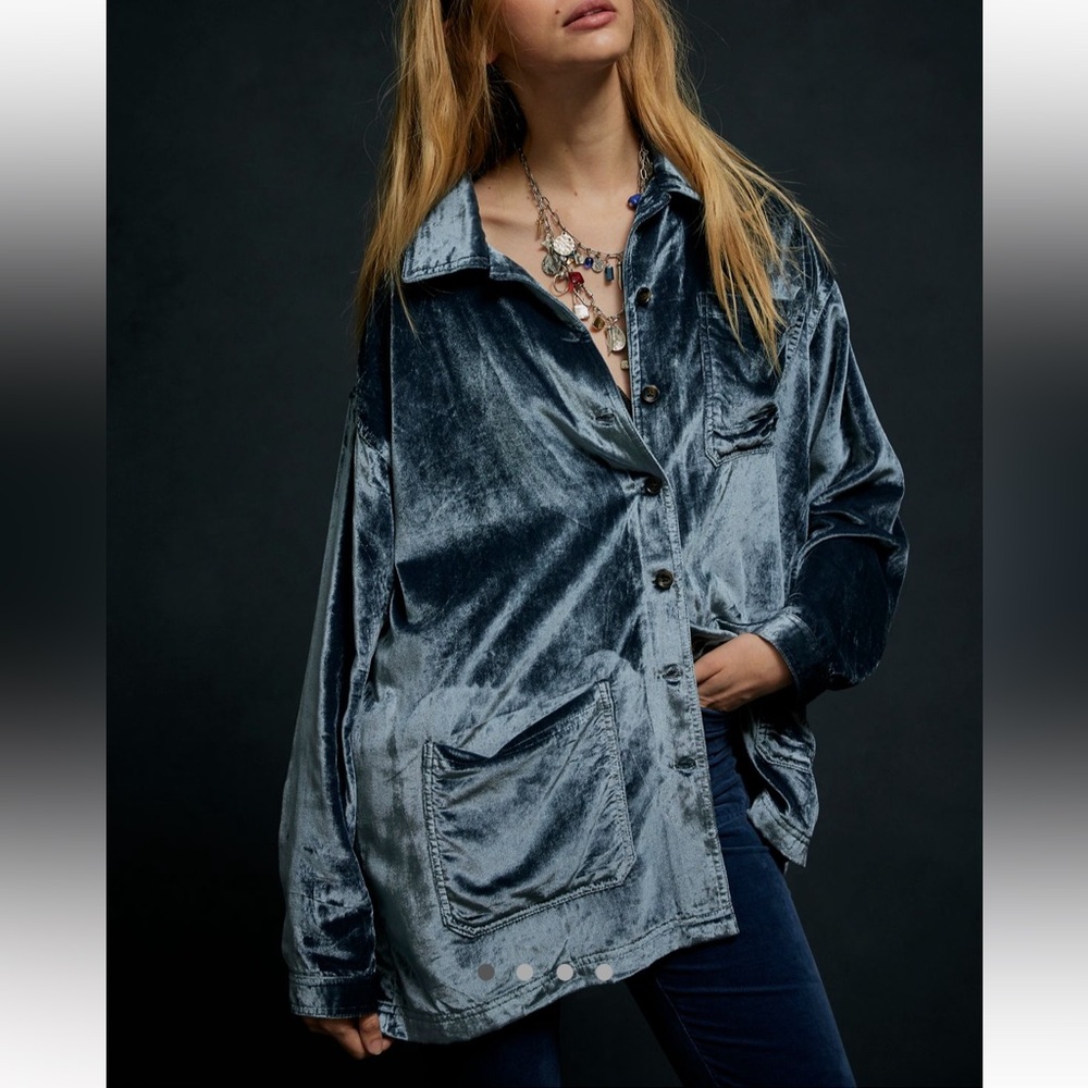 Free People Oversized Velvet Button-Down Shirt Jacket in Slate Blue